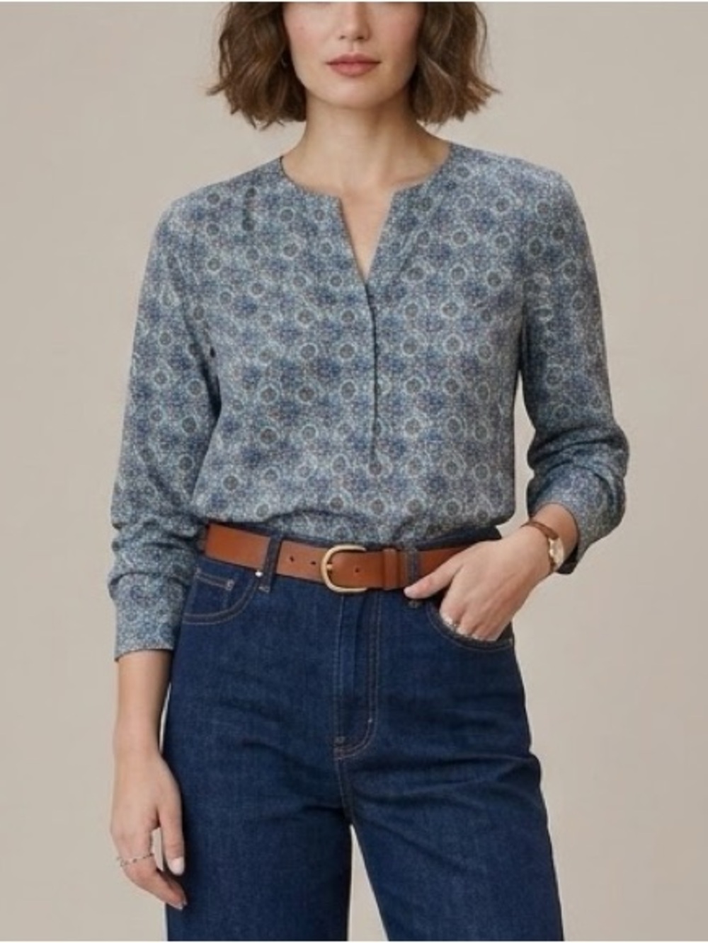 Joie 100% Silk Nepal Blouse Long Sleeve Blue Teal Brown Large